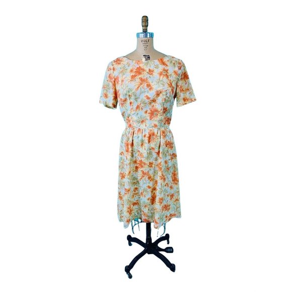 Vintage 1960s Sheath Dress Orange Floral Mid Century Pin Up | W 29" - Picture 2 of 10